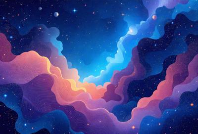 The primary subject of the image is a colorful, swirling, and abstract design that resembles a galaxy or a cloud. The setting is a night sky, with the design filling the entire frame. The visual style is a combination of digital art and illustration, creating a vibrant and dynamic atmosphere. The colors and mood are predominantly purple, blue, and orange, giving the image a sense of depth and awe.