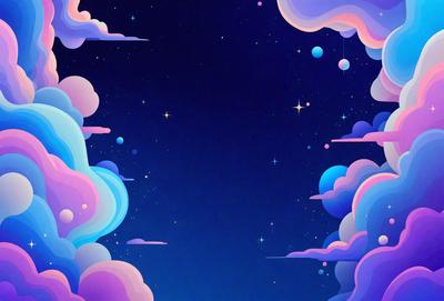 The primary subject of the image is a night sky filled with clouds and stars. The setting is a dark, starry night, with the sky serving as the background. The visual style is a digital art or illustration, creating a vibrant and colorful atmosphere. The dominant colors are purple, blue, and pink, giving the scene a dreamy and whimsical mood.