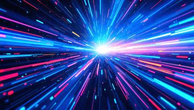 The primary subject of the image is a bright, colorful, and dynamic light streak. The setting is a dark background, which contrasts with the light streak, creating a visually striking scene. The visual style is a combination of a photo and digital art, as the light streak appears to be a blend of both. The colors and mood of the image are vibrant and energetic, with the light streak emanating a sense of motion and excitement.