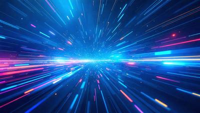 The primary subject of the image is a brightly colored, swirling, and dynamic light effect. The setting is a dark background, which contrasts with the vibrant colors of the light effect. The visual style is a mix of digital art and illustration, creating a dynamic and eye-catching scene. The colors and mood of the image are predominantly blue and energetic, evoking a sense of motion and excitement.