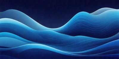 The primary subject of the image is a blue wave, which is the main focus of the scene. The setting is a dark blue background, creating a contrasting and dramatic effect. The visual style is a digital art or illustration, as the wave is depicted in a detailed and artistic manner. The dominant colors are blue and black, giving the image a calm and serene atmosphere.