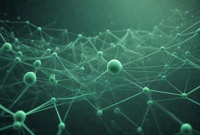 The primary subject of the image is a close-up of a green, three-dimensional network of interconnected spheres. The setting is a dark background, which contrasts with the bright green spheres. The visual style is a combination of digital art and illustration, creating a unique and intricate pattern. The colors and mood of the image are predominantly green, giving it a calm and soothing atmosphere.