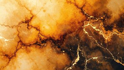 The primary subject of the image is a close-up of a marbled surface, possibly a wall or a piece of art. The setting is a room with a yellowish-brown color scheme. The visual style appears to be a combination of a photo and a digital art, illustration, or drawing. The dominant colors are yellow, brown, and gold, creating a warm and inviting atmosphere.