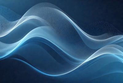 The primary subject of the image is a blue wave, which is the main object, scene, or focus of the image. The setting or background is a dark blue sky, and the visual style is a digital art or illustration. The dominant colors and overall atmosphere are a combination of blue and dark blue, creating a sense of depth and tranquility.