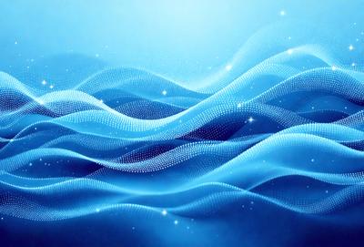 The primary subject of the image is a blue ocean with waves. The setting is a vast expanse of water, and the visual style is a digital art or illustration. The dominant colors are blue and white, creating a serene and calming atmosphere.