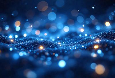 The primary subject of the image is a blue background with a pattern of bright, shining stars. The setting appears to be a night sky, with the stars creating a sense of depth and dimension. The visual style of the image is a combination of a photo and digital art, as the stars are depicted in a way that resembles a painting or drawing. The colors and mood of the image are predominantly blue, with the bright stars adding a touch of warmth and energy to the scene.
