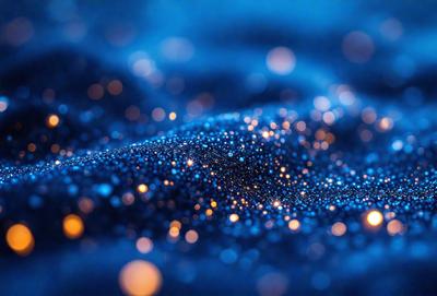 The primary subject of the image is a blue background with a pattern of bright, shining lights. The setting appears to be a dark, starry night, with the lights creating a mesmerizing effect. The visual style of the image is a combination of a photo and digital art, as the lights are arranged in a way that resembles a painting or a digital illustration. The colors and mood of the image are predominantly blue, with the bright lights adding a sense of warmth and energy to the scene.