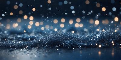 The primary subject of the image is a blue background with a pattern of white lights. The setting appears to be a dark room, and the visual style is a combination of a photo and digital art. The dominant colors are blue and white, creating a calm and serene atmosphere.