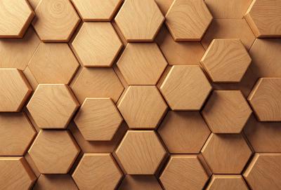 The primary subject of the image is a wooden wall with a honeycomb pattern. The setting is a room with a wooden surface, and the visual style is a close-up of the wooden wall. The dominant colors are brown and beige, giving the wall a warm and natural appearance.