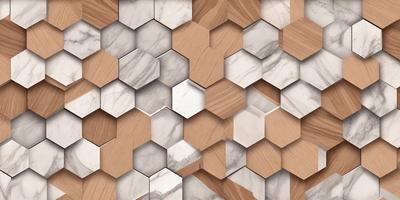 The primary subject of the image is a patterned wall made of marble and wood. The setting is a room with a marble and wood wall, which serves as the background. The visual style is a combination of digital art and illustration, creating a unique and intricate design. The colors and mood of the image are predominantly neutral, with the marble and wood providing a warm and natural tone.
