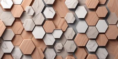 The primary subject of the image is a wall with a pattern of hexagons made of wood and marble. The setting is a room with a white background, and the visual style is a combination of photo and digital art. The dominant colors are white and brown, creating a warm and natural atmosphere.