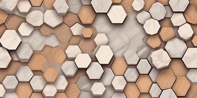 The primary subject of the image is a pattern of wooden hexagons, which are arranged in a honeycomb-like structure. The setting is a wooden surface, possibly a table or a wall, with the hexagons covering it. The visual style is a combination of a photo and digital art, creating a unique and intricate design. The colors and mood of the image are predominantly brown and earthy, giving it a warm and natural feel.