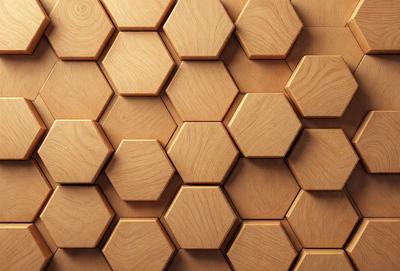 The primary subject of the image is a wooden wall with a honeycomb pattern. The setting is a room with a wooden surface, and the visual style is a close-up of the wooden wall. The dominant colors are brown and beige, giving the wall a warm and natural appearance.