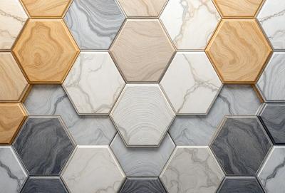 The primary subject of the image is a large, square tile with a wood grain pattern. The tile is part of a larger pattern, which is made up of multiple tiles arranged in a hexagonal shape. The setting is a wall, and the visual style is a combination of a photo and digital art. The colors and mood of the image are predominantly neutral, with the wood grain pattern adding a touch of warmth to the overall atmosphere.