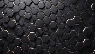The primary subject of the image is a black and gold patterned surface, which appears to be a tile or a wall with a geometric design. The setting is a dark room, and the visual style is a close-up of the patterned surface. The colors and mood of the image are predominantly dark, with the gold and black colors creating a contrasting and visually striking pattern.