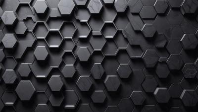 The primary subject of the image is a black and white marble wall with a pattern of hexagons. The setting is a dark room, and the visual style is a close-up of the marble wall. The colors and mood of the image are predominantly black and white, giving it a classic and elegant appearance.