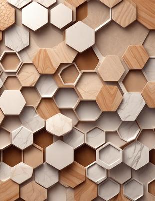 The primary subject of the image is a wall with a pattern of hexagonal shapes made of wood. The setting is a room with a marble surface, which adds to the overall visual style. The colors and mood of the image are predominantly neutral, with the wooden hexagons providing a warm and natural touch to the space.