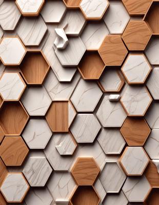The primary subject of the image is a wall with a pattern of hexagonal shapes. The setting is a room with a white marble wall, and the visual style is a close-up of the wall. The colors and mood of the image are predominantly white, giving it a clean and minimalist appearance.