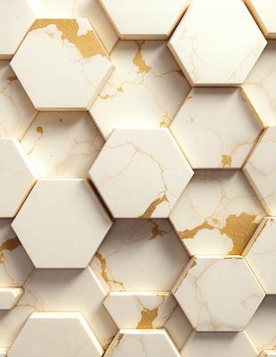 The primary subject of the image is a marble wall with a pattern of hexagonal shapes. The setting is a room with a white marble wall, and the visual style is a close-up of the wall. The colors and mood of the image are predominantly white and gold, giving it a luxurious and elegant appearance.
