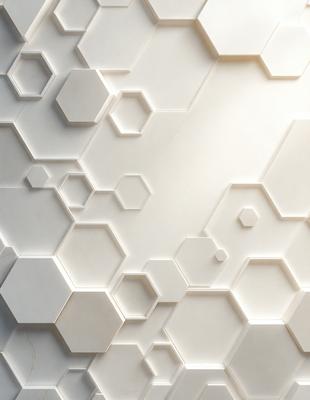 The primary subject of the image is a white wall with a pattern of hexagons. The setting is a room with a white background, and the visual style appears to be a combination of a photo and digital art. The dominant colors are white and gray, creating a clean and minimalist atmosphere.