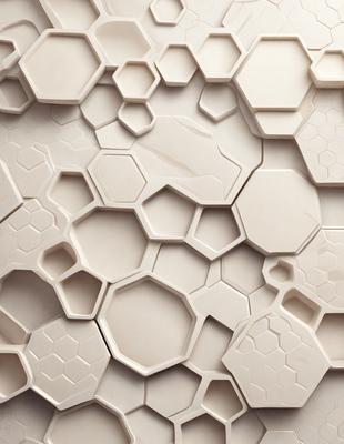 The primary subject of the image is a white wall with a pattern of hexagonal shapes. The setting is a room with a white background, and the visual style appears to be a combination of a photo and digital art. The dominant colors are white and beige, creating a clean and minimalist atmosphere.