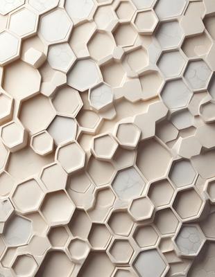 The primary subject of the image is a white wall with a pattern of hexagonal shapes. The setting is a room with a white background, and the visual style appears to be a combination of a photo and digital art. The dominant colors are white and beige, creating a clean and minimalist atmosphere.