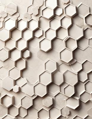 The primary subject of the image is a large, white, hexagonal pattern. The setting is a white wall, and the visual style is a close-up of the pattern. The dominant colors are white, and the overall atmosphere is clean and minimalistic.