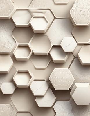 The primary subject of the image is a wall with a pattern of hexagonal shapes. The setting is a room with a white color scheme. The visual style is a combination of photo and digital art, creating a unique and intricate design. The dominant colors are white and beige, giving the wall a clean and elegant appearance.