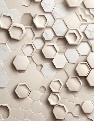 The primary subject of the image is a white marble wall with a pattern of hexagonal shapes. The setting is a room with a white marble surface, which adds to the overall visual style. The colors and mood of the image are predominantly white, giving it a clean and elegant appearance.