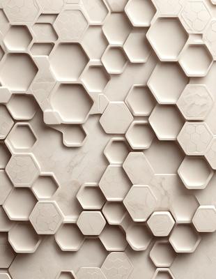 The primary subject of the image is a marble wall with a hexagonal pattern. The setting is a room with a white marble wall, and the visual style is a close-up of the wall. The colors and mood of the image are predominantly white, giving it a clean and elegant appearance.