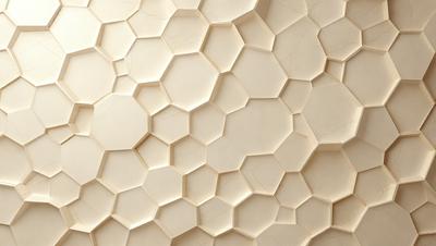The primary subject of the image is a close-up of a white, textured wall with a pattern of hexagons. The setting is a room with a white background, and the visual style appears to be a photo. The dominant colors are white and beige, creating a clean and minimalist atmosphere.