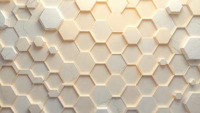 The primary subject of the image is a white marble wall with a hexagonal pattern. The setting is a room with a white marble wall as the main focus. The visual style is a close-up of the marble wall, showcasing its texture and pattern. The colors and mood of the image are predominantly white, giving it a clean and elegant appearance.