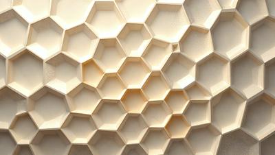 The image features a large, white, and beige wall with a pattern of hexagonal shapes. The wall appears to be made of a combination of cement and wood, giving it a unique texture. The hexagonal shapes are arranged in a way that creates a visually appealing and interesting pattern. The overall atmosphere of the image is one of creativity and artistic expression.