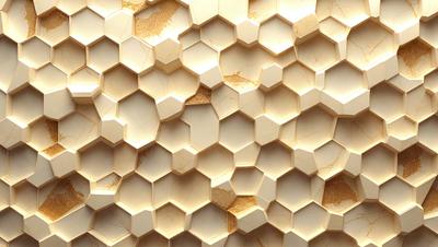 The primary subject of the image is a close-up of a marble wall with a pattern of hexagonal shapes. The setting is a room with a marble surface, and the visual style appears to be a photo of the marble wall. The colors and mood of the image are predominantly neutral, with the marble wall being the main focus.