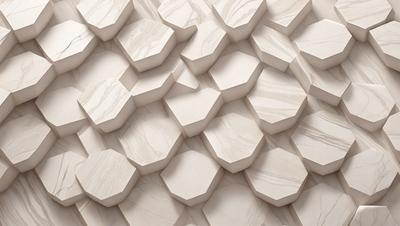The primary subject of the image is a large, intricate pattern made of white marble tiles. The setting is a wall, and the visual style is a close-up of the marble tiles. The colors and mood of the image are predominantly white, giving it a clean and elegant appearance.
