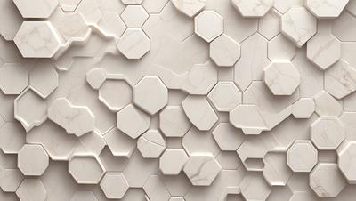 The primary subject of the image is a white marble wall with a pattern of hexagonal shapes. The setting is a room with a white marble floor, and the visual style is a close-up of the wall. The colors and mood of the image are predominantly white, giving it a clean and elegant appearance.