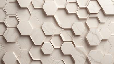The image features a white marble wall with a hexagonal pattern. The wall is covered with hexagonal tiles, creating a visually appealing and unique design. The white color of the tiles and the marble wall gives the space a clean and elegant appearance.