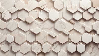 The primary subject of the image is a marble wall with a pattern of hexagonal shapes. The setting is a room with a white marble wall, and the visual style is a close-up of the marble wall. The colors and mood of the image are predominantly white, giving it a clean and elegant appearance.