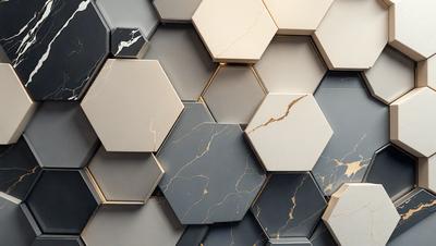 The primary subject of the image is a wall with a pattern of hexagons. The setting is a room with a grey and white color scheme. The visual style is a combination of digital art and illustration. The dominant colors are grey and white, creating a clean and modern atmosphere.