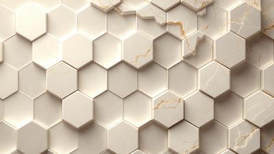 The primary subject of the image is a white marble tile with a hexagonal pattern. The setting is a wall, and the visual style is a close-up of the tile. The colors and mood of the image are predominantly white, giving it a clean and elegant appearance.