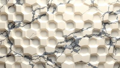 The primary subject of the image is a marble wall with a pattern of hexagonal shapes. The setting is a room with a white marble wall, and the visual style is a close-up of the wall. The colors and mood of the image are predominantly white, giving it a clean and elegant appearance.