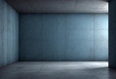 The primary subject of the image is a large, empty room with a blue wall. The setting is a concrete room, and the visual style is a black and white photo. The dominant colors are blue and gray, creating a calm and minimalist atmosphere.