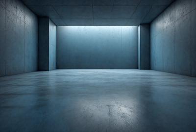 The primary subject of the image is a large, empty room with a blue wall. The setting is a concrete room, and the visual style is a photo. The room appears to be a large, open space with a blue-gray color scheme, giving it a somewhat dark and moody atmosphere.