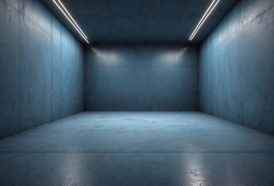 The primary subject of the image is a large, empty room with a blue color scheme. The room appears to be a large, open space with a cement floor. The setting is a room with a blue color scheme, and the visual style is a photo. The colors and mood of the image are predominantly blue, creating a calm and serene atmosphere.