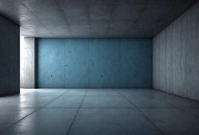 The primary subject of the image is a large, empty room with a blue wall. The setting is a concrete room, and the visual style is a black and white photo. The dominant colors are blue and gray, creating a moody atmosphere.
