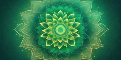 The primary subject of the image is a large, vibrant green flower with a yellow center. The flower is the focal point of the scene, and it is set against a green background. The visual style of the image is a combination of photo and digital art, creating a unique and eye-catching design. The dominant colors in the image are green and yellow, giving the flower a lively and fresh appearance.