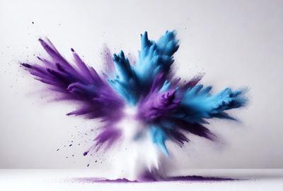 The primary subject of the image is a purple and blue explosion, which appears to be a digital art or illustration. The setting is a white background, and the visual style gives the impression of a painting or a graphic design. The colors and mood of the image are vibrant and energetic, with the purple and blue hues creating a sense of movement and dynamism.