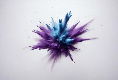 The primary subject of the image is a purple and blue explosion, which appears to be a digital art or illustration. The setting is a white background, and the visual style suggests a creative and artistic approach to the scene. The colors and mood of the image are vibrant and energetic, with the purple and blue hues creating a sense of movement and dynamism.