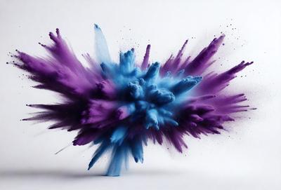 The primary subject of the image is a blue and purple explosion, which appears to be a digital art or illustration. The setting is a white background, and the visual style suggests a creative and artistic approach to the scene. The dominant colors in the image are blue and purple, giving the scene a vibrant and energetic atmosphere.