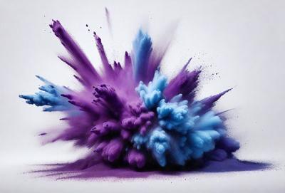 The primary subject of the image is a purple and blue explosion, which is the main focus of the scene. The setting is a white background, which provides a clean and uncluttered environment for the explosion. The visual style of the image is digital art, as it appears to be a digital painting or illustration. The dominant colors of the image are purple and blue, creating a vibrant and energetic atmosphere.